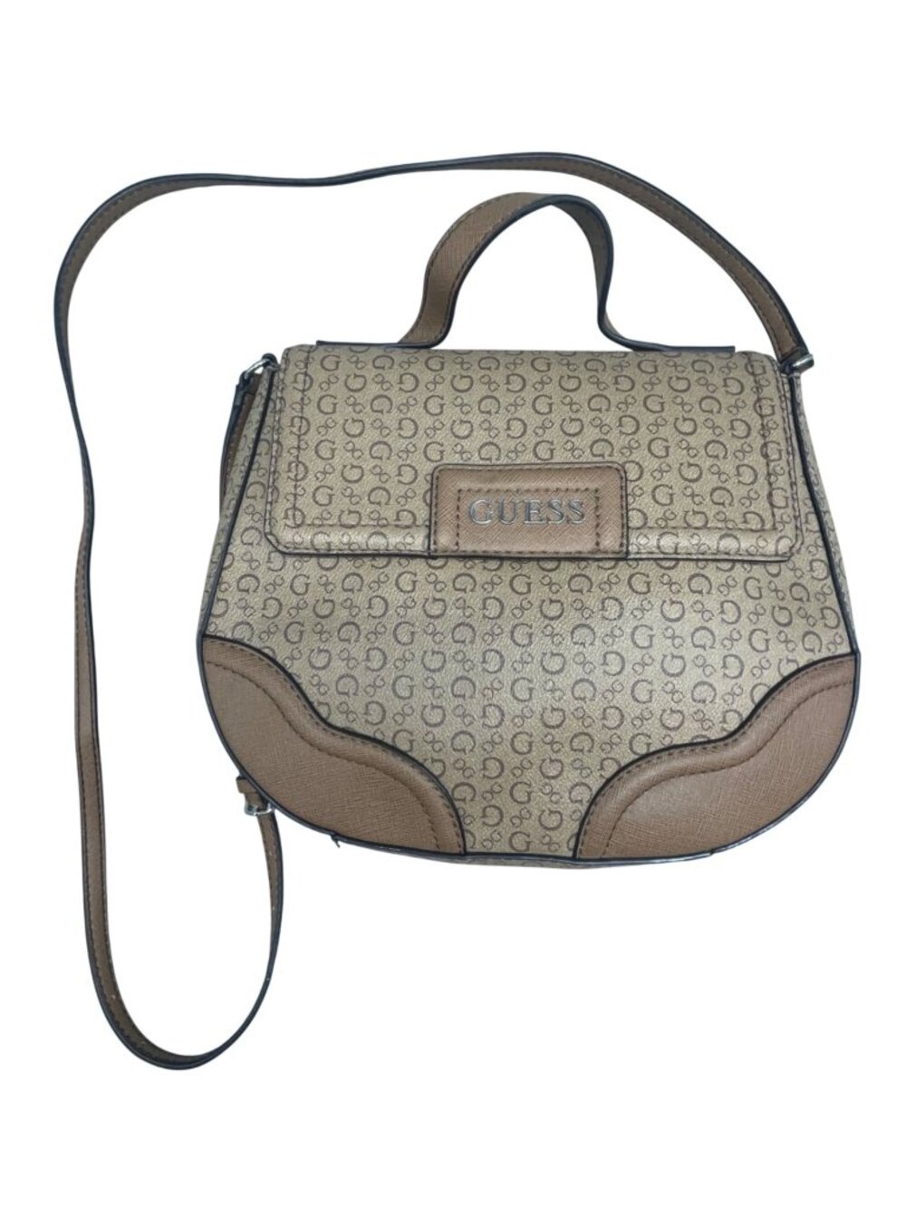 Guess Tan Monogrammed Crossbody Bag With Adjustable Strap & Front Pocket